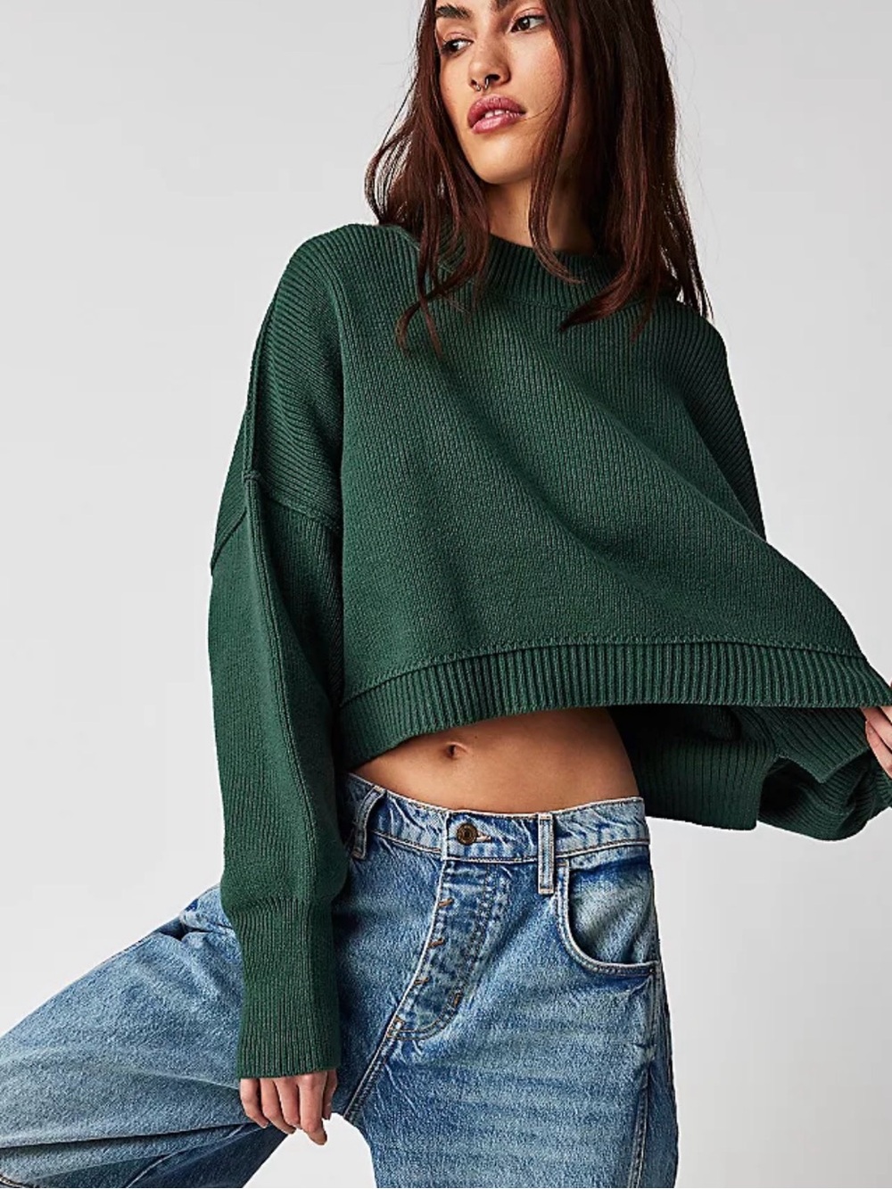 Free People Easy Street Cropped Sweater in Hunter Green